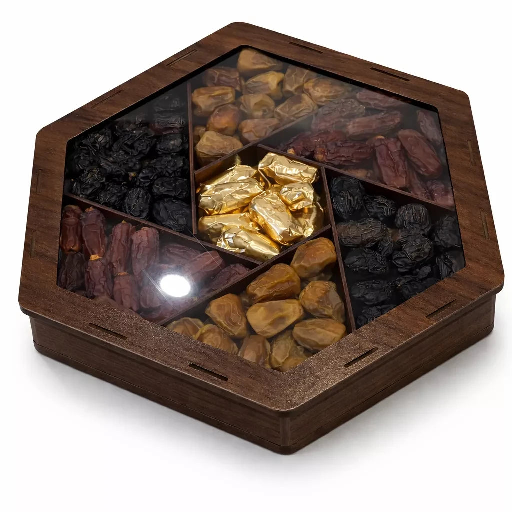 Khajoor (Dates) 7 Portion Large Box – Dark Brown Hexagon