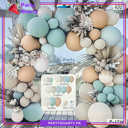 100pcs Apricot, Sand White, Sea Green, White & Baby Blue Latex Balloons Garland Set For Party Decoration