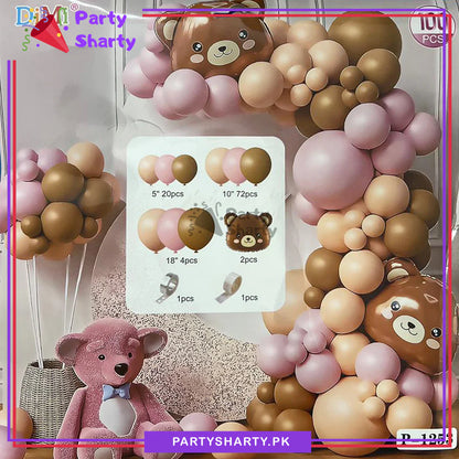 100pcs Baby Pink, Apricot & Mocha Brown with Teddy Bear Head Foil Balloons Garland Theme Set For Party Decoration And Celebration
