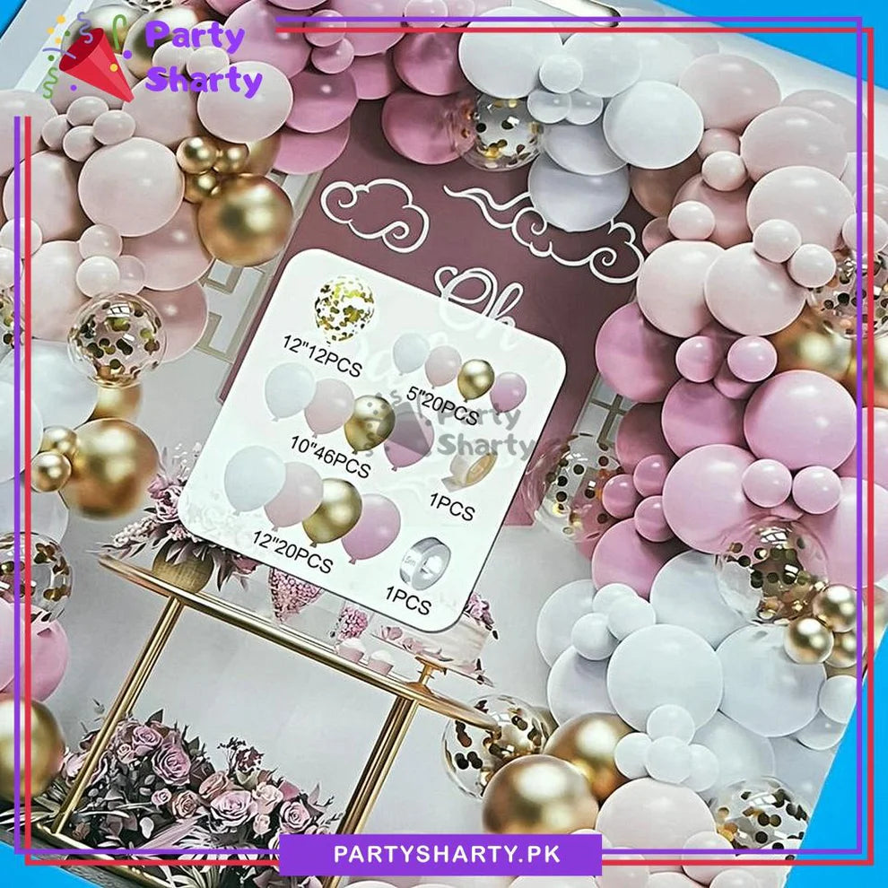 100pcs Baby Pink, Peach, White & Golden Metallic Balloons Garland Theme Set For Party Decoration