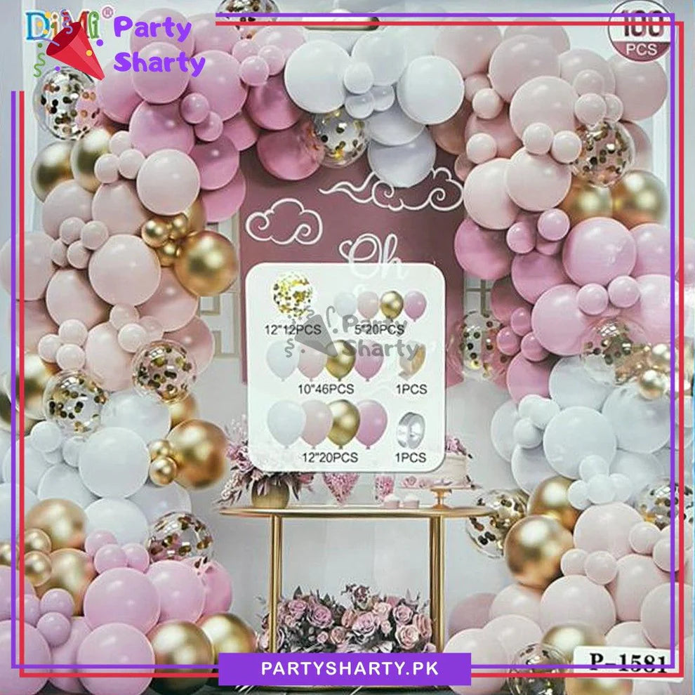 100pcs Baby Pink, Peach, White & Golden Metallic Balloons Garland Theme Set For Party Decoration