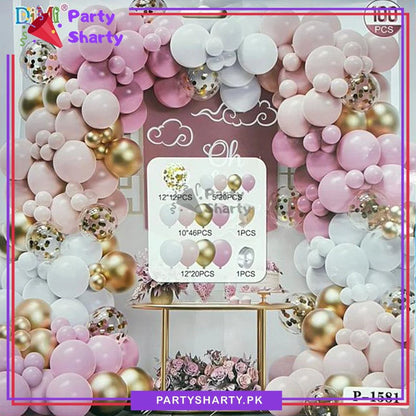 100pcs Baby Pink, Peach, White & Golden Metallic Balloons Garland Theme Set For Party Decoration