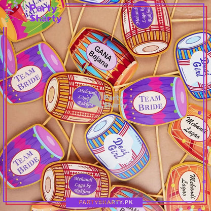 Mixed Design Dholki Theme Cup Cake / Mithai Topper For Dholki Theme Party and Decoration