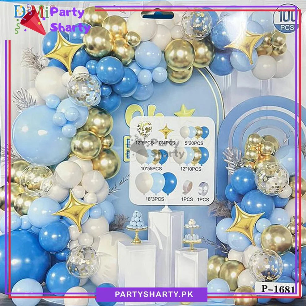 100pcs Lake Blue, Sand White, Sky Blue & Golden Metallic Balloons Garland Theme Set For Party Decoration