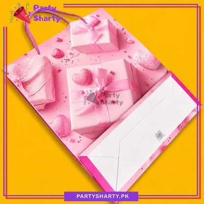 3D Pink Gift Box with Ribbon Printed Gift Bag For Birthday & Anniversary Gifts